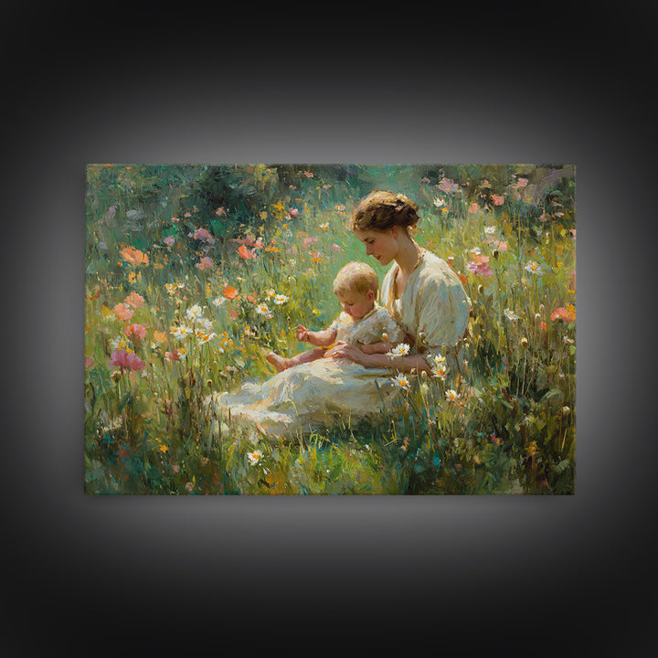 Mother And Baby In Sunlit Wildflower Meadow Canvas Print, Impressionist Floral Wall Art, Nursery Decor And Gift For New Mom
