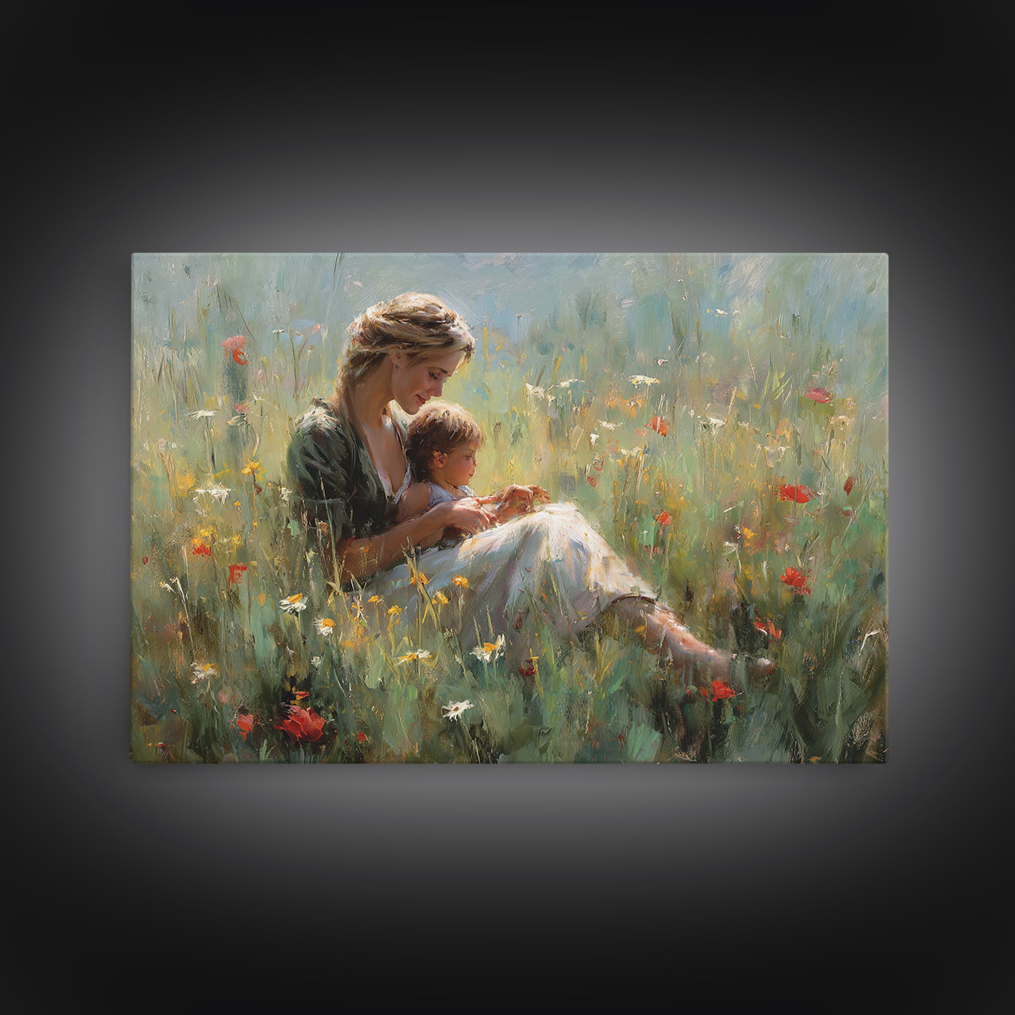 Mother Nursing Baby In Poppy Meadow Wall Art, Soft Impressionist Oil Painting Print, Feminine Nursery Decor Gift For Her