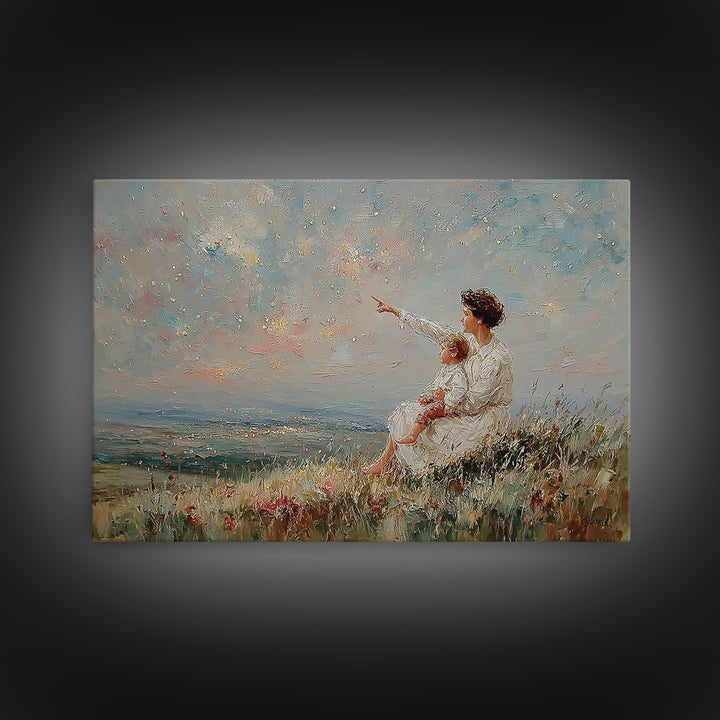 Mother And Child By Sparkling Sea Canvas Print, Coastal Impressionist Wall Art, Ocean Landscape Living Room Decor Gift For Her