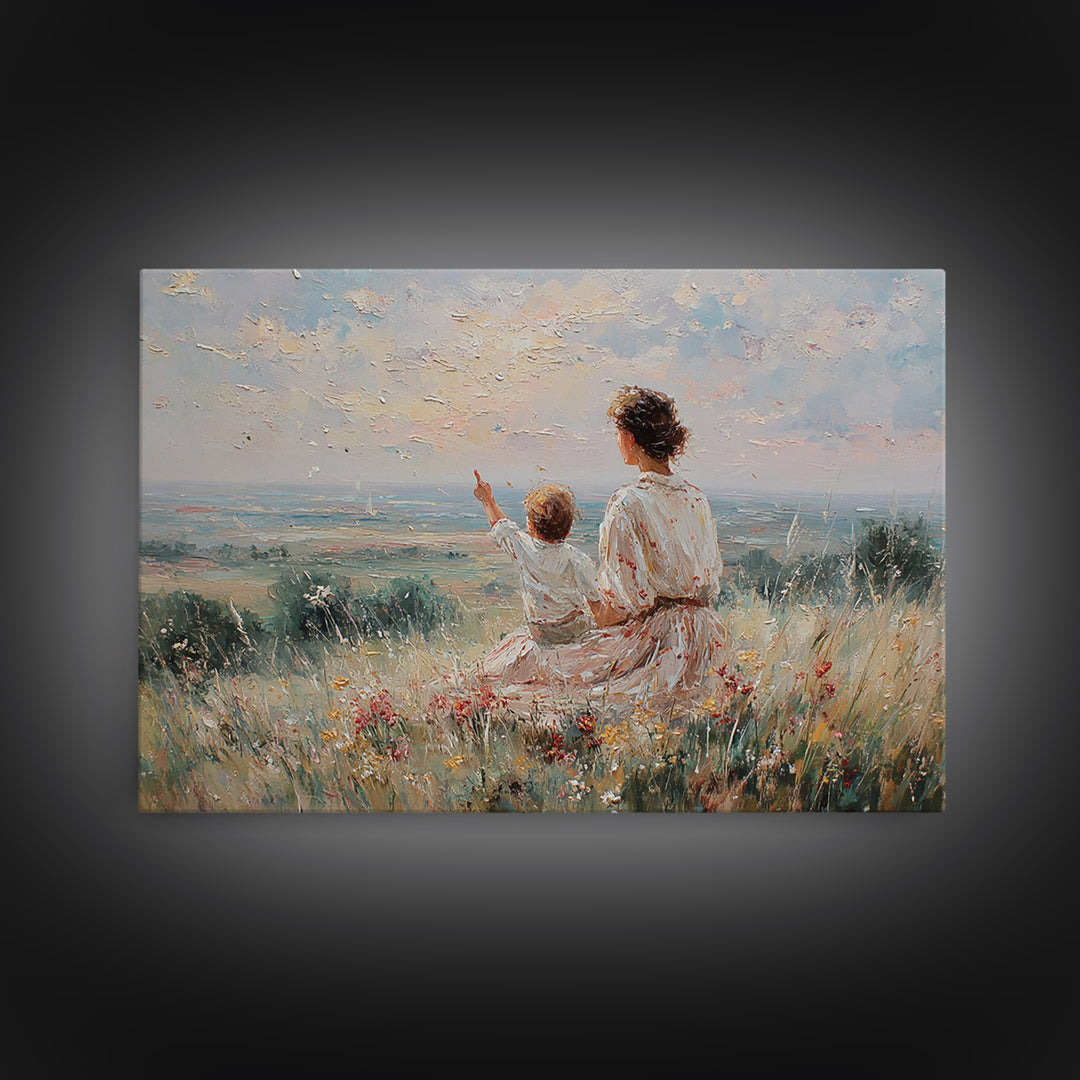 Mother And Child Watching Horizon Canvas Print, Impressionist Meadow Wall Art, Calming Landscape Decor Above Sofa Gift For Her
