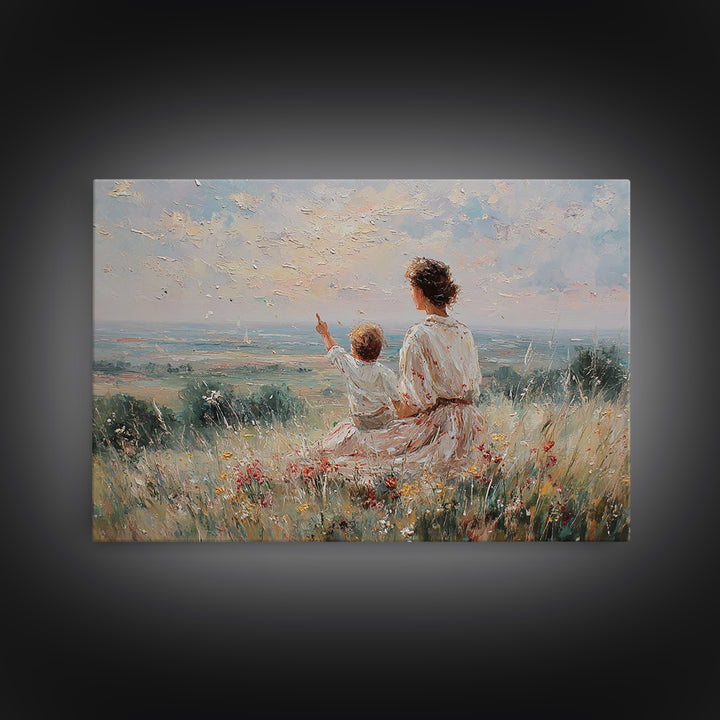 Mother And Child Watching Horizon Canvas Print, Impressionist Meadow Wall Art, Calming Landscape Decor Above Sofa Gift For Her
