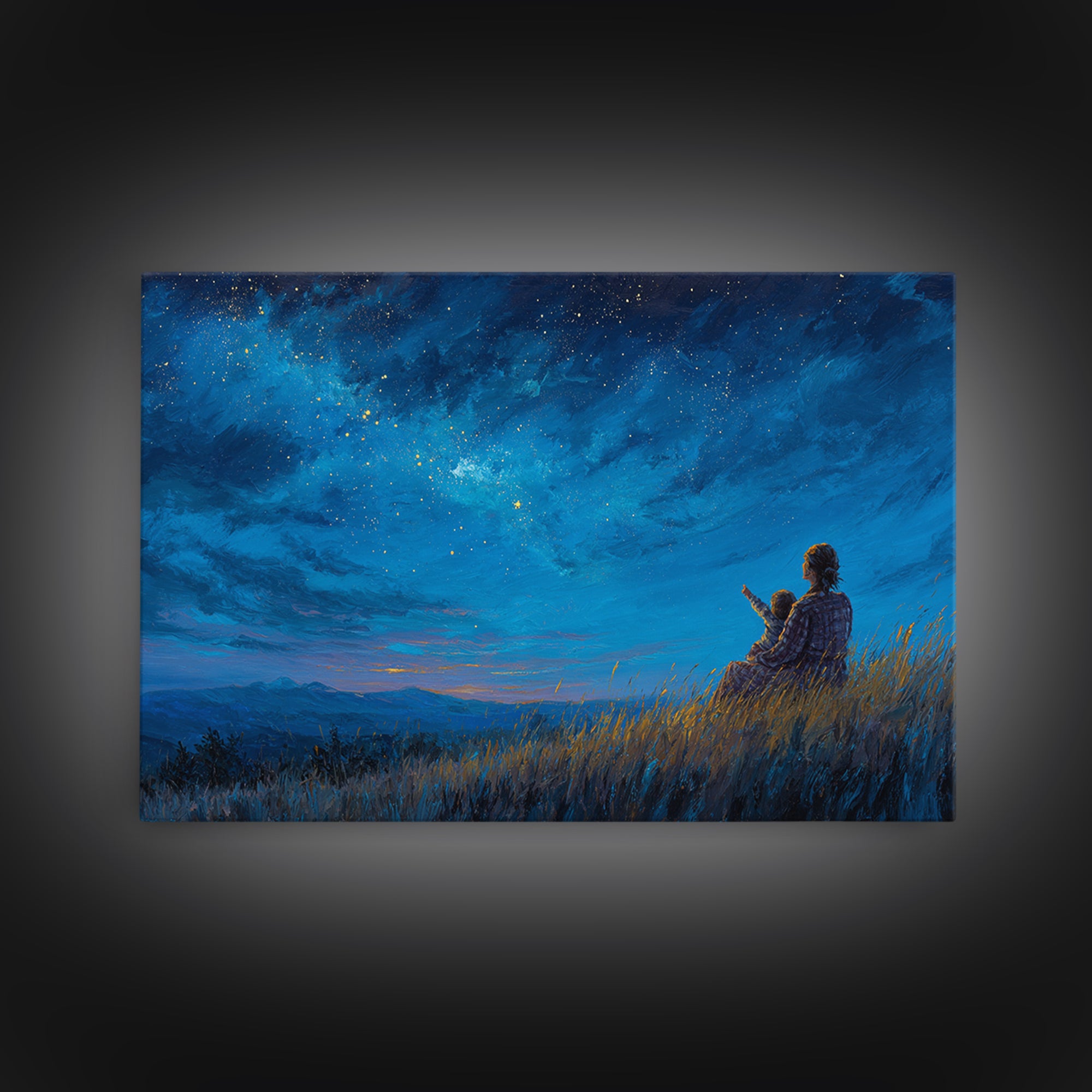 Mother And Child Under Starry Sky Wall Art, Celestial Night Landscape Canvas Print, Blue Bedroom Wall Decor Gift For Her