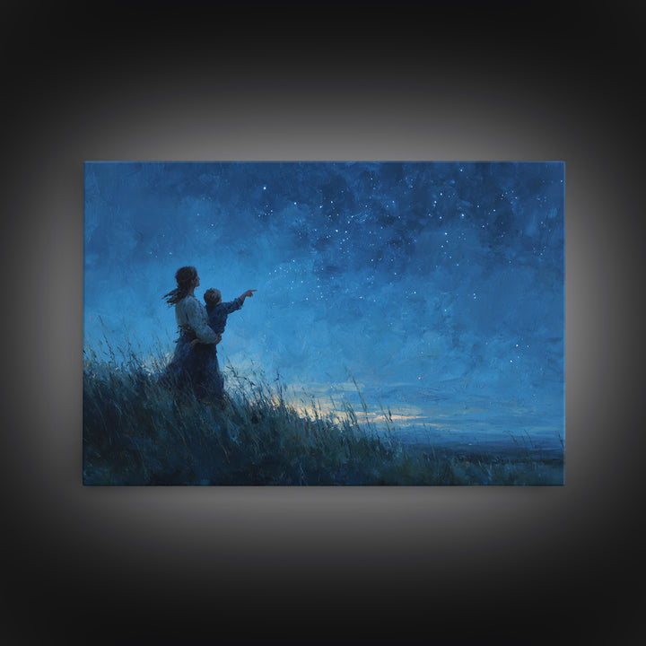 Mother And Child Pointing At Stars Canvas Print, Moody Celestial Wall Art, Blue Night Sky Bedroom Nursery Decor Gift For Her