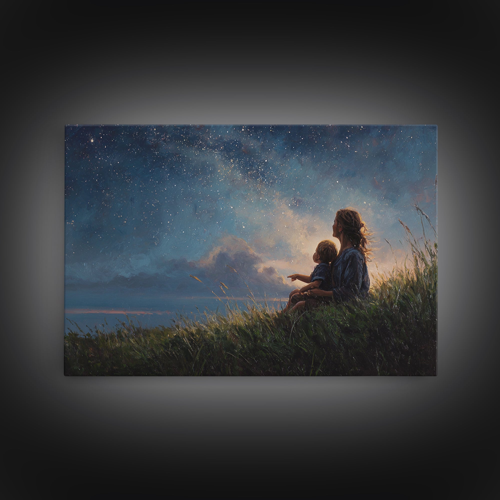 Mother And Child Stargazing Canvas Print, Celestial Nursery Wall Art, Gift For Mom, Baby Room Decor, Spiritual Home Decor