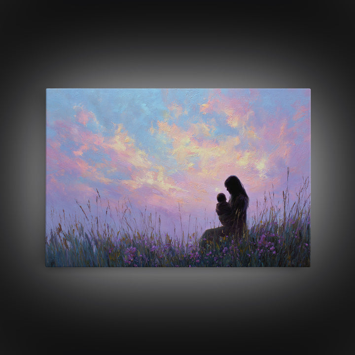Silhouette Mother And Baby Sunset Canvas Print, Romantic Bedroom Wall Art, Pastel Sky Decor, Gift For Mom, Spiritual Home Decor
