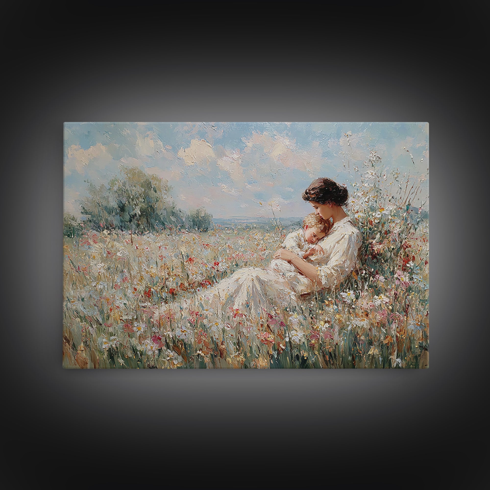 Mother Cradling Baby In Summer Meadow Canvas Print, Floral Wall Art, Impressionist Painting, Nursery Decor, Gift For Mom