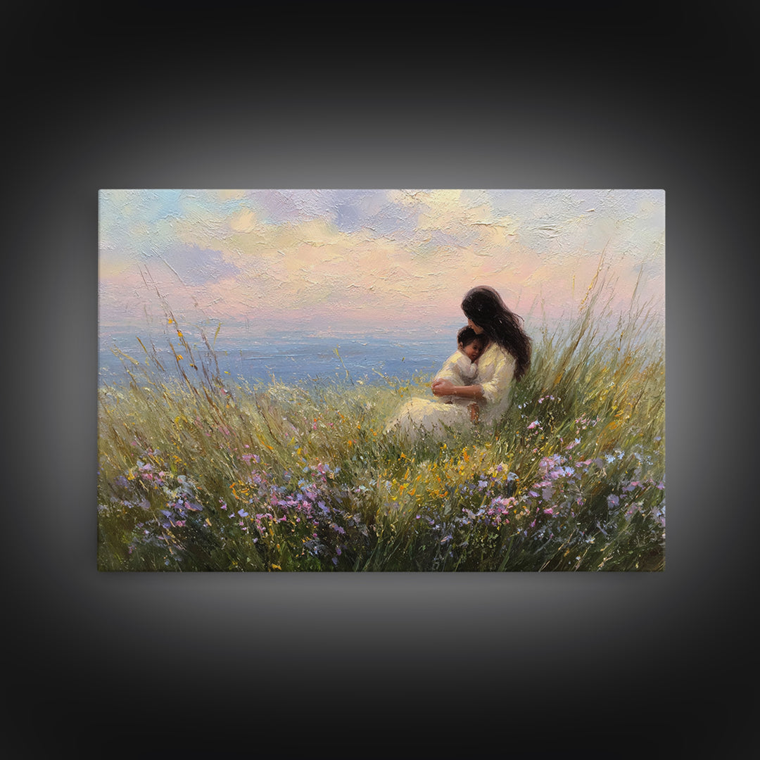 Mother And Baby By Ocean Sunset Canvas Print, Coastal Wall Art, Seascape Decor, Nursery Wall Art, Gift For Mom, Beach House