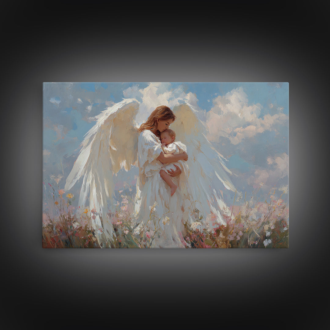 Guardian Angel Holding Baby Framed Canvas Print, Christian Wall Art, Nursery Decor, Spiritual Gift, Baby Shower Gift For Mom