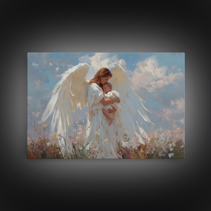 Guardian Angel Holding Baby Framed Canvas Print, Christian Wall Art, Nursery Decor, Spiritual Gift, Baby Shower Gift For Mom