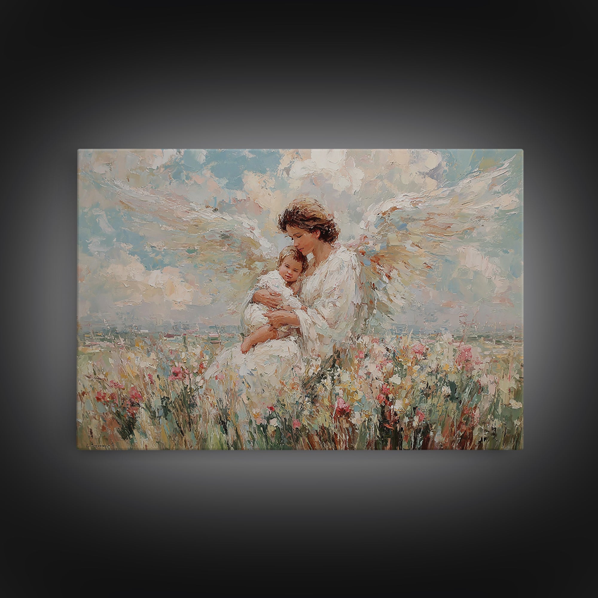 Angel Mother And Baby In Wildflower Meadow Canvas Print, Christian Wall Art, Nursery Decor, Spiritual Gift, Baby Shower Gift