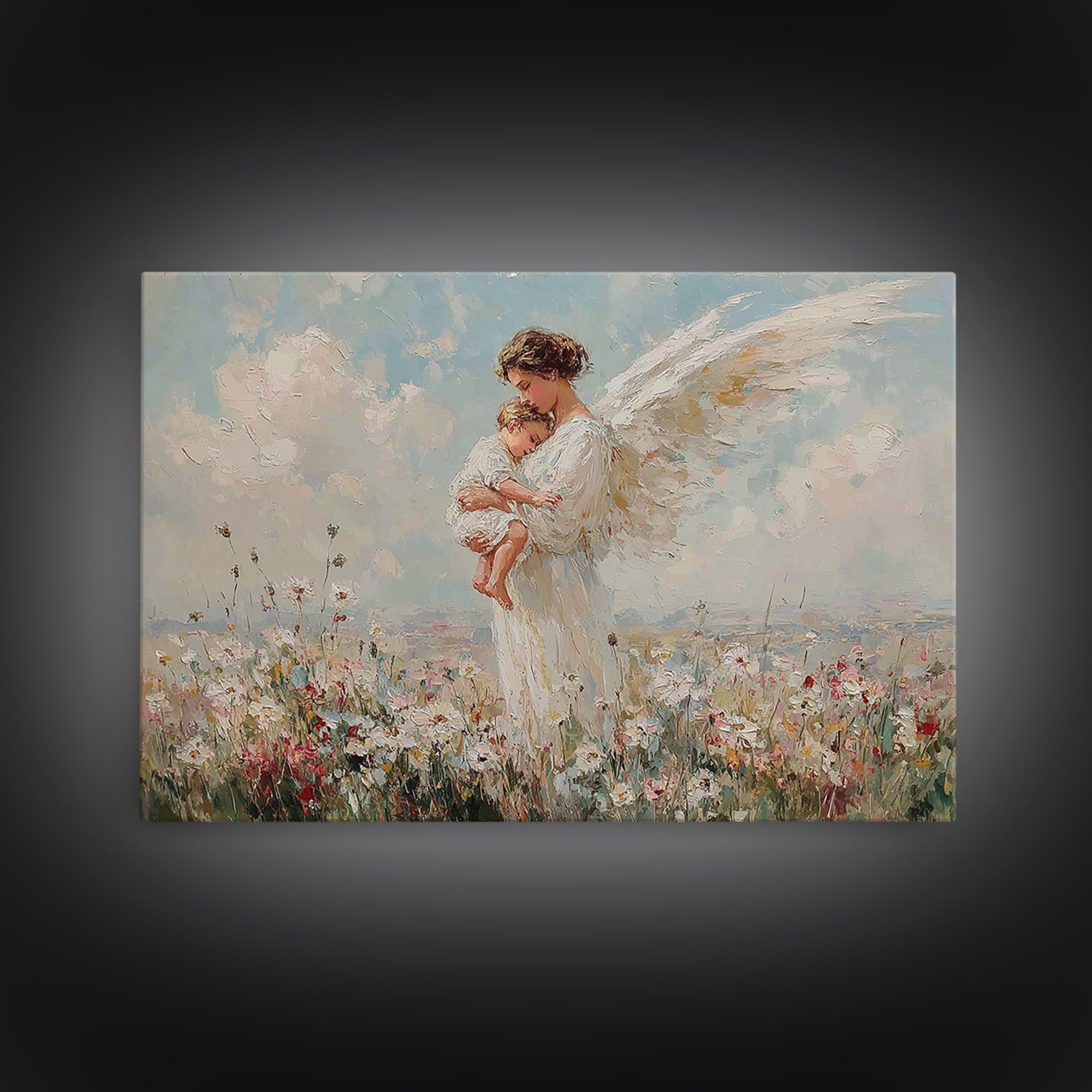 Guardian Angel Mother And Baby In Wildflower Meadow Wall Art, Christian Nursery Decor, Spiritual Gift, Serene Bedroom Print