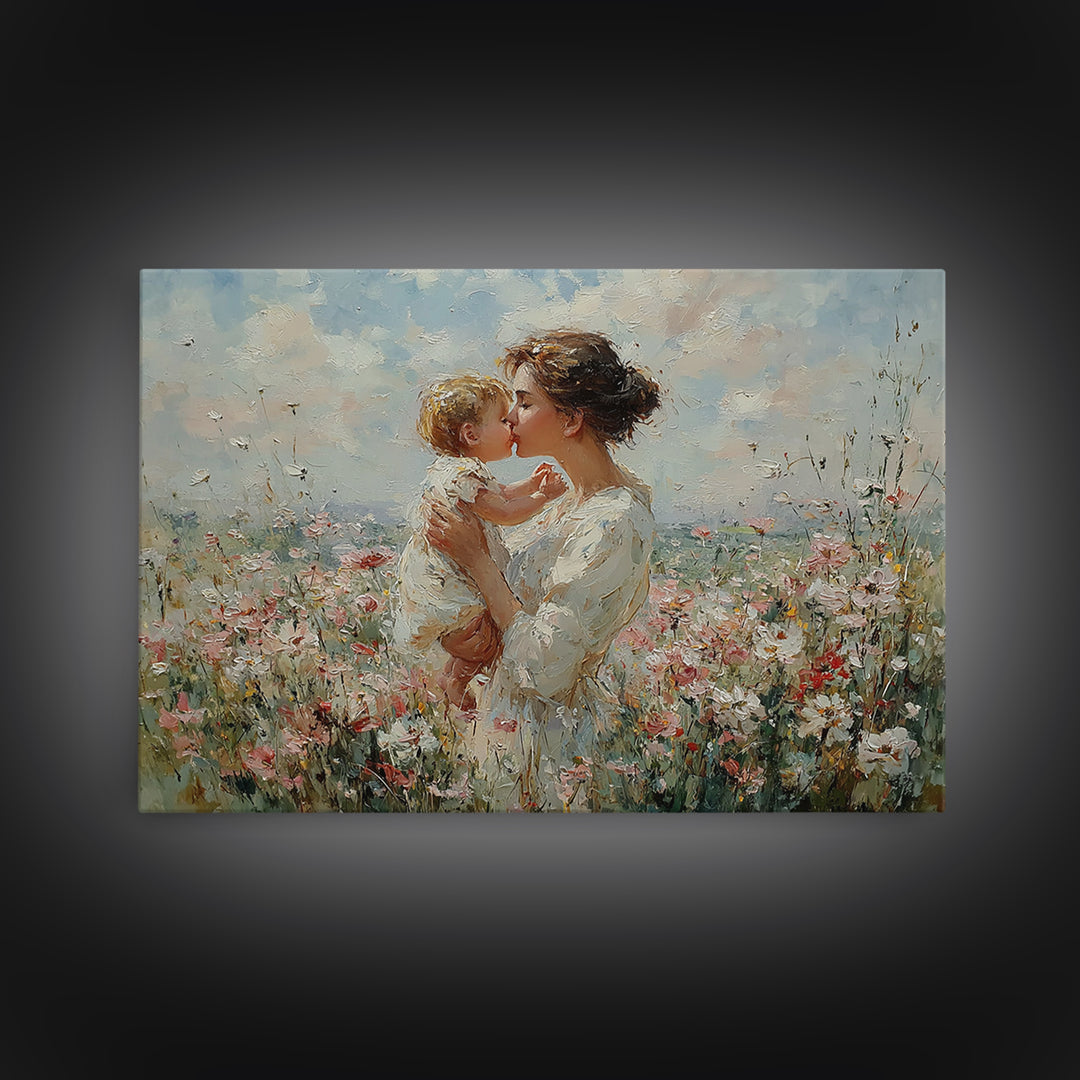 Tender Mother And Baby Kiss In Flower Meadow Framed Canvas Print, Feminine Wall Decor, Nursery Art, Gift For Mom, Peaceful Bedroom Decor