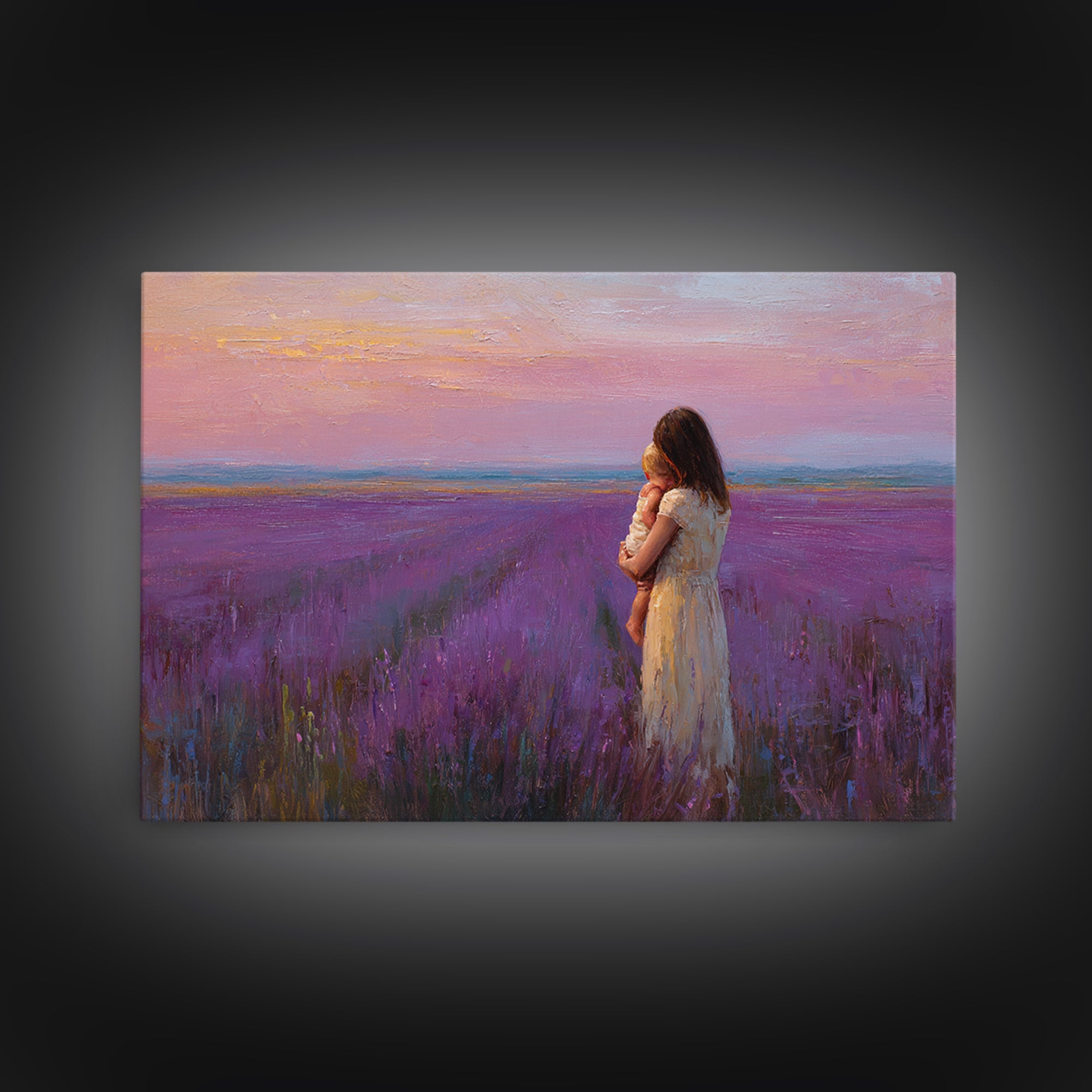 Mother And Baby In Lavender Field Sunset Wall Art, Purple Landscape Print, Romantic Nursery Decor, Gift For Her, Calming Bedroom Decor
