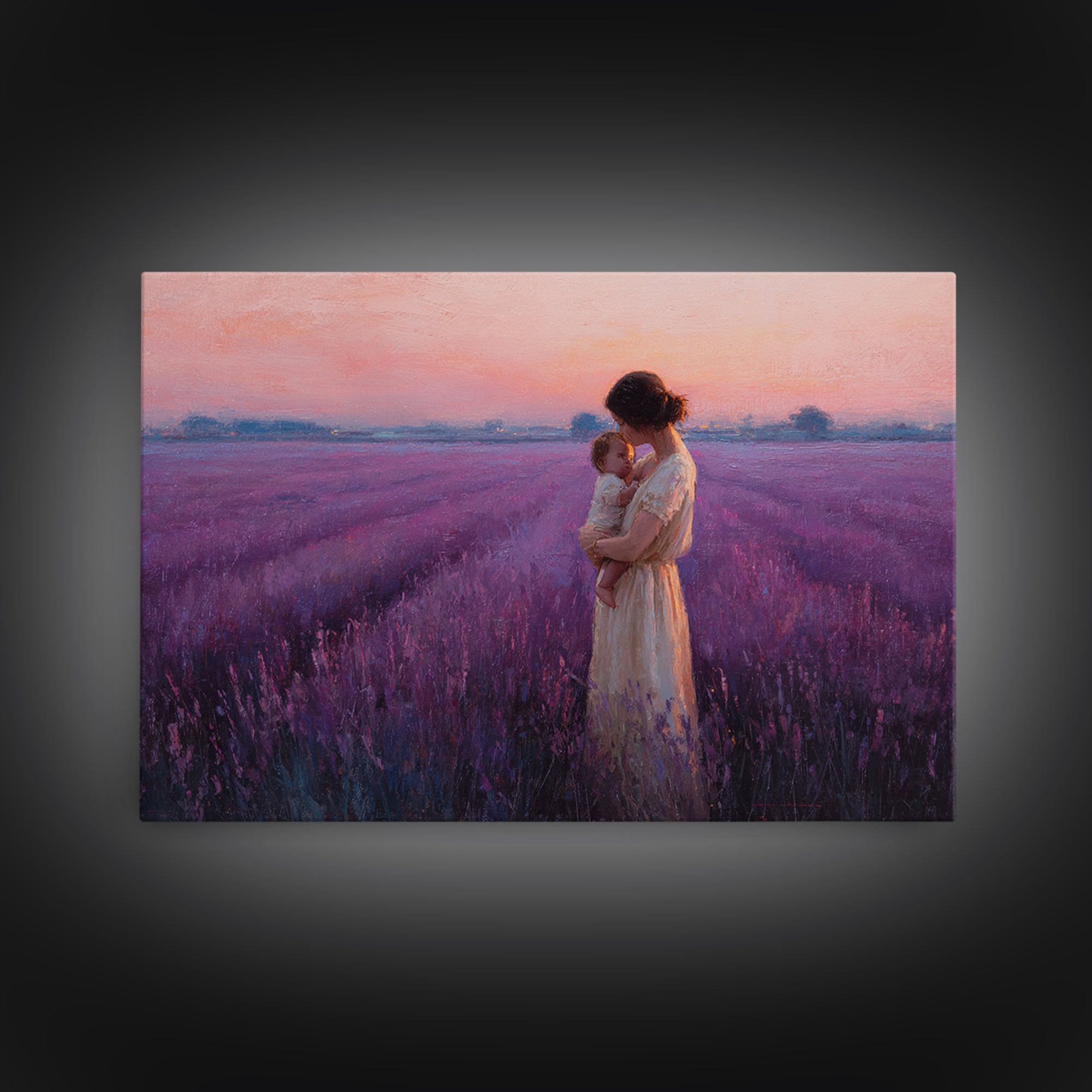 Mother And Baby Embrace In Lavender Sunset Field Framed Canvas Print, Purple Wall Art, Feminine Nursery Decor Gift For Mom