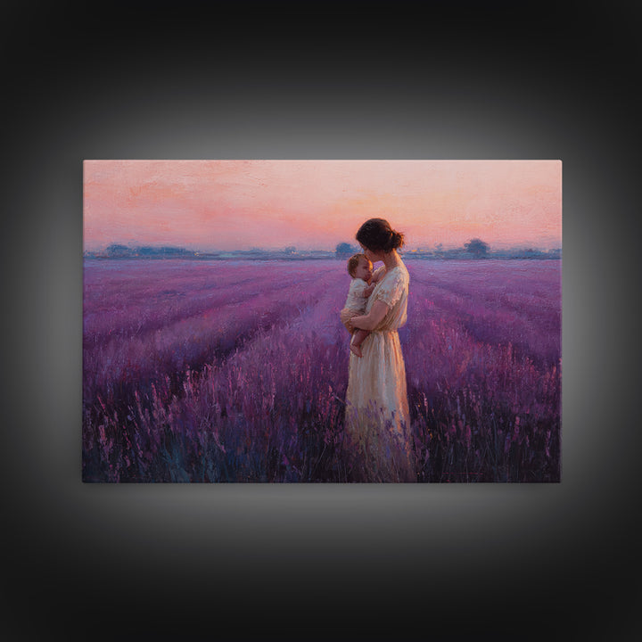 Mother And Baby Embrace In Lavender Sunset Field Framed Canvas Print, Purple Wall Art, Feminine Nursery Decor Gift For Mom