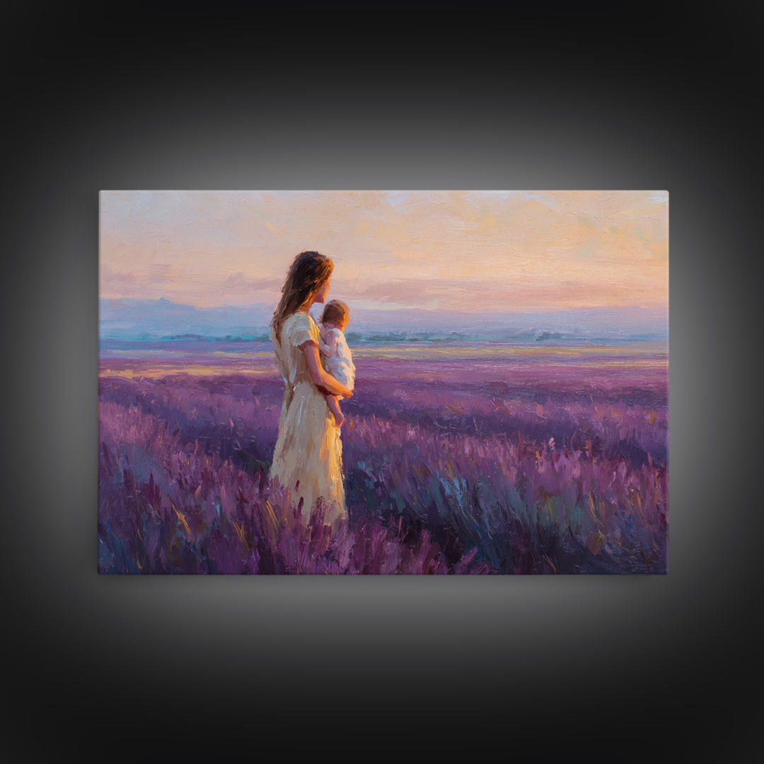 Mother And Child In Lavender Meadow Sunrise Canvas Print, Romantic Landscape Wall Art, Purple Bedroom Decor, Gift For Her