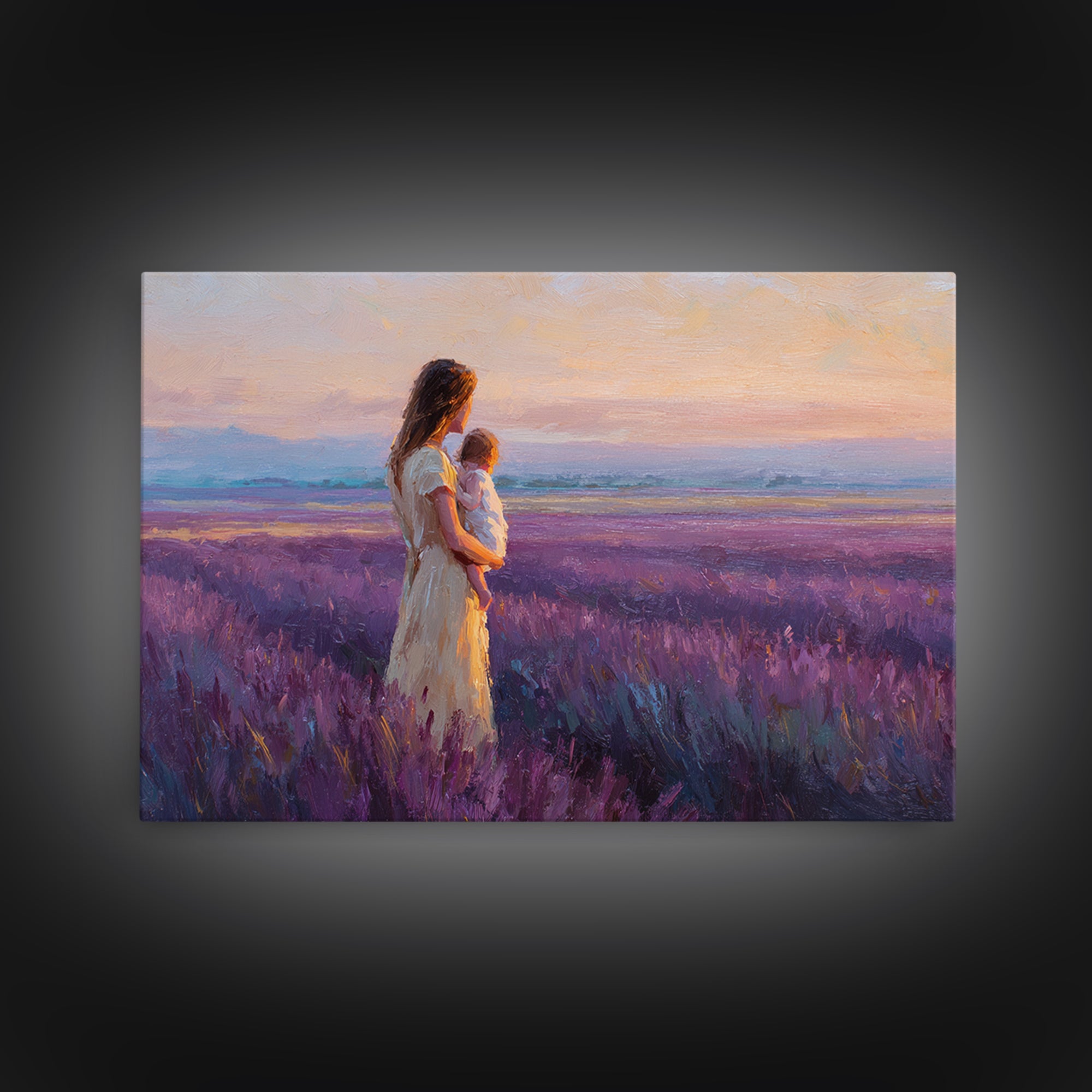 Mother And Child In Lavender Meadow Sunrise Canvas Print, Romantic Landscape Wall Art, Purple Bedroom Decor, Gift For Her