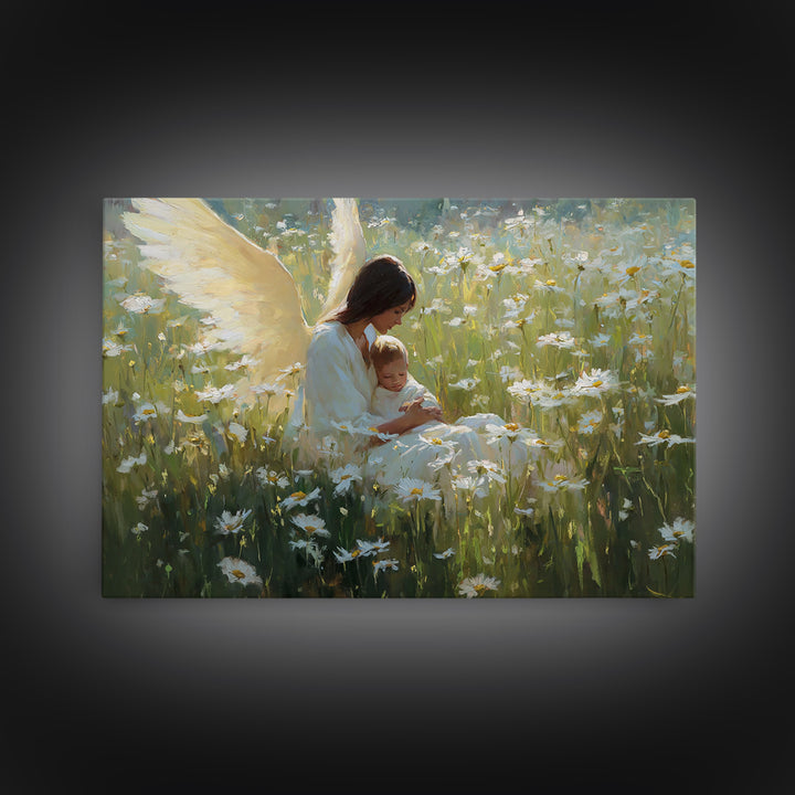 Guardian Angel Mother And Baby In Daisy Meadow Wall Art, Christian Nursery Decor, Spiritual Gift, Peaceful Floral Fine Art Print