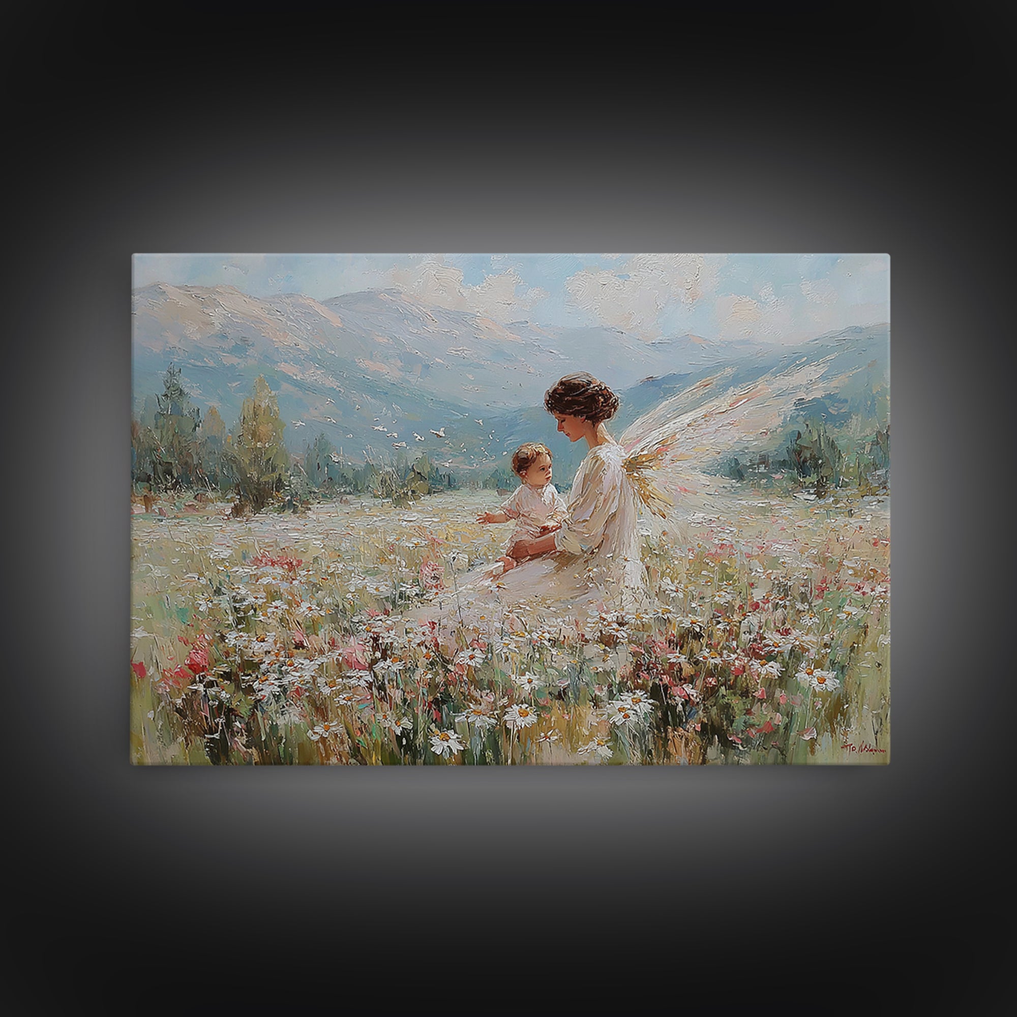 Guardian Angel And Child In Alpine Wildflower Meadow Framed Canvas Print, Christian Wall Art, Mountain Nursery Decor Gift