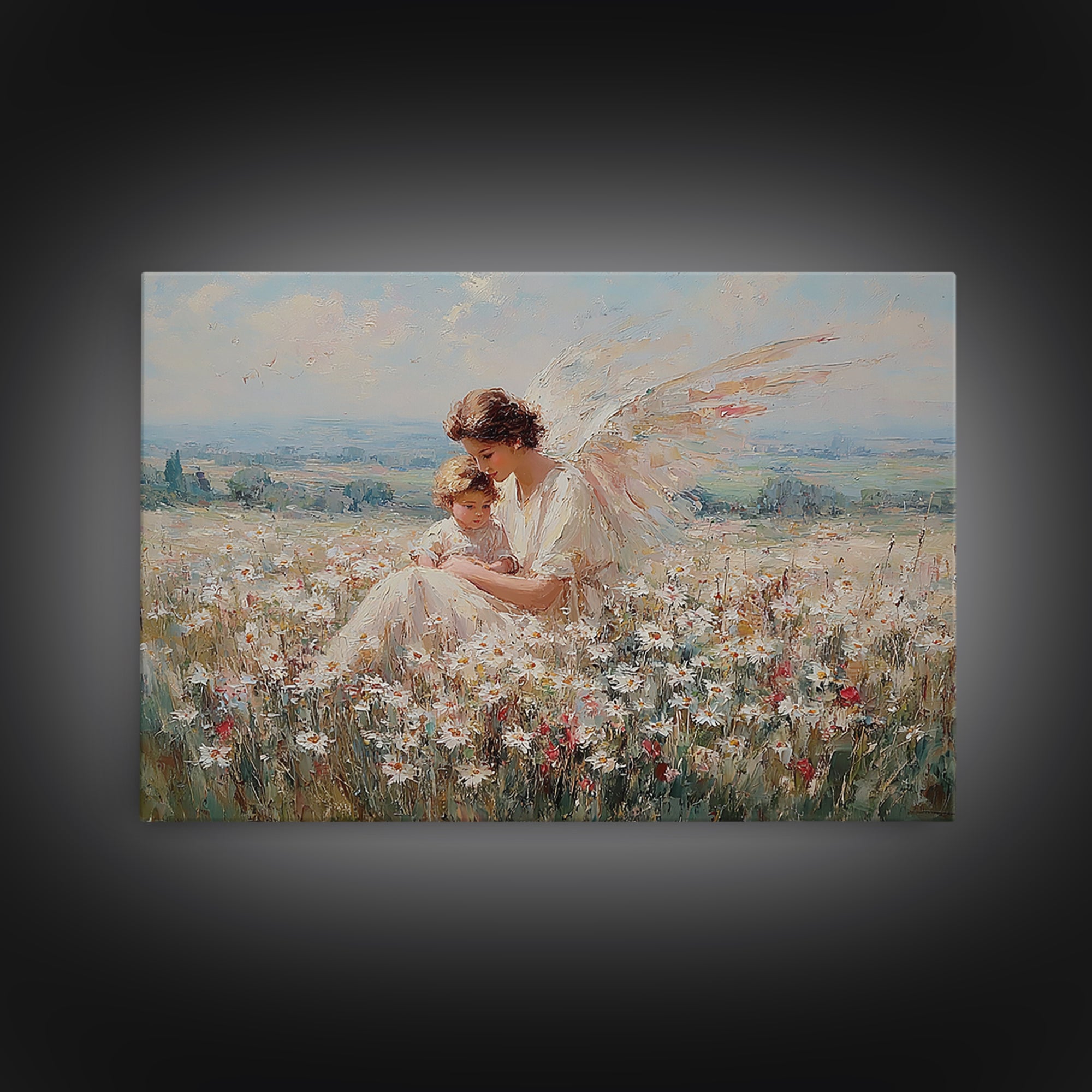 Angel Mother And Child In Wildflower Meadow Wall Art, Serene Religious Nursery Decor, Christian Gift, Fine Art Print, Home Decor