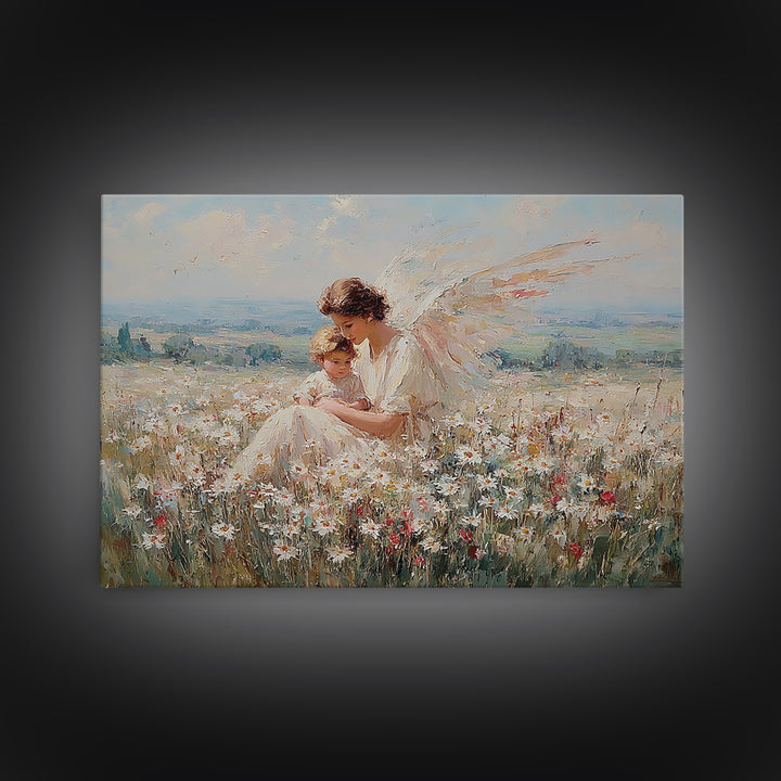 Angel Mother And Child In Wildflower Meadow Wall Art, Serene Religious Nursery Decor, Christian Gift, Fine Art Print, Home Decor