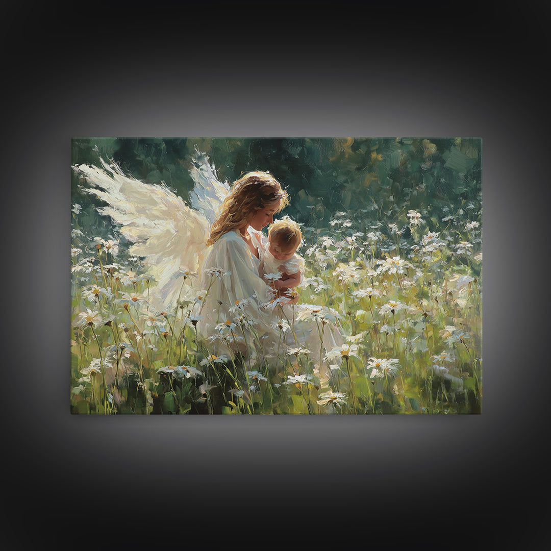 Guardian Angel Cradling Baby In Daisy Meadow Framed Canvas Print, Christian Nursery Wall Decor, Baptism Gift, Home Decor
