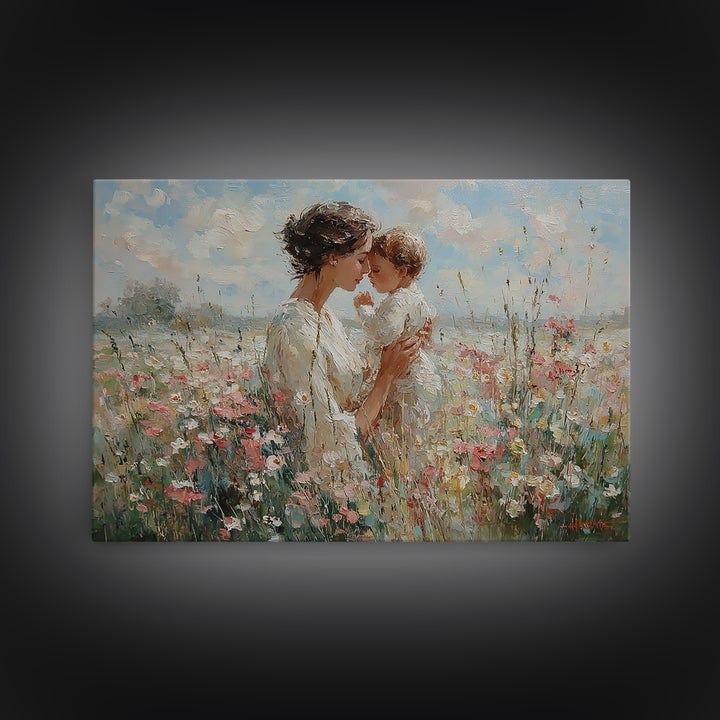 Tender Mother And Baby In Wildflower Field Framed Canvas Print, Feminine Wall Art, Nursery Decor, Christian Gift, Home Decor