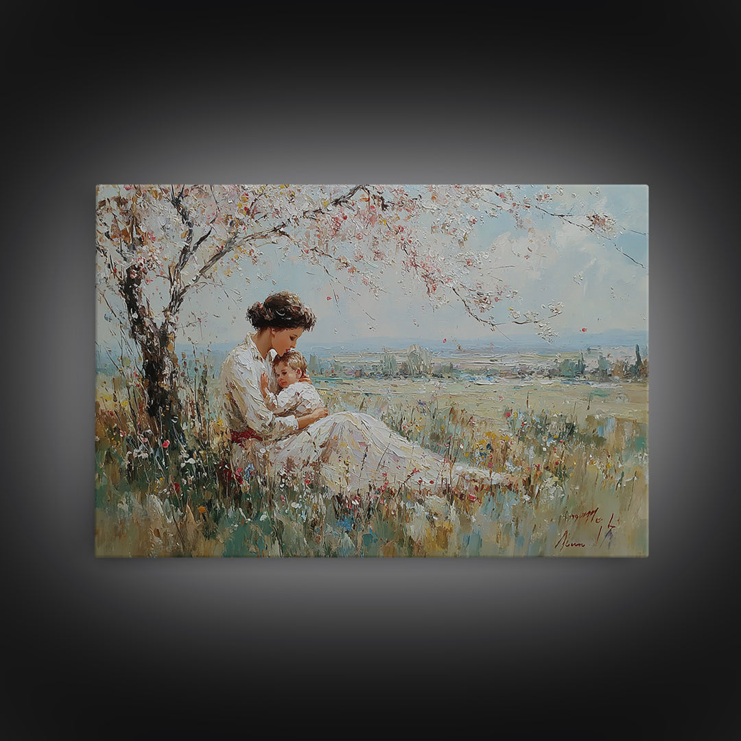 Mother Holding Baby Beneath White Blossom Tree Framed Canvas Print, Spring Wall Art, Christian Nursery Decor, Gift For Mom