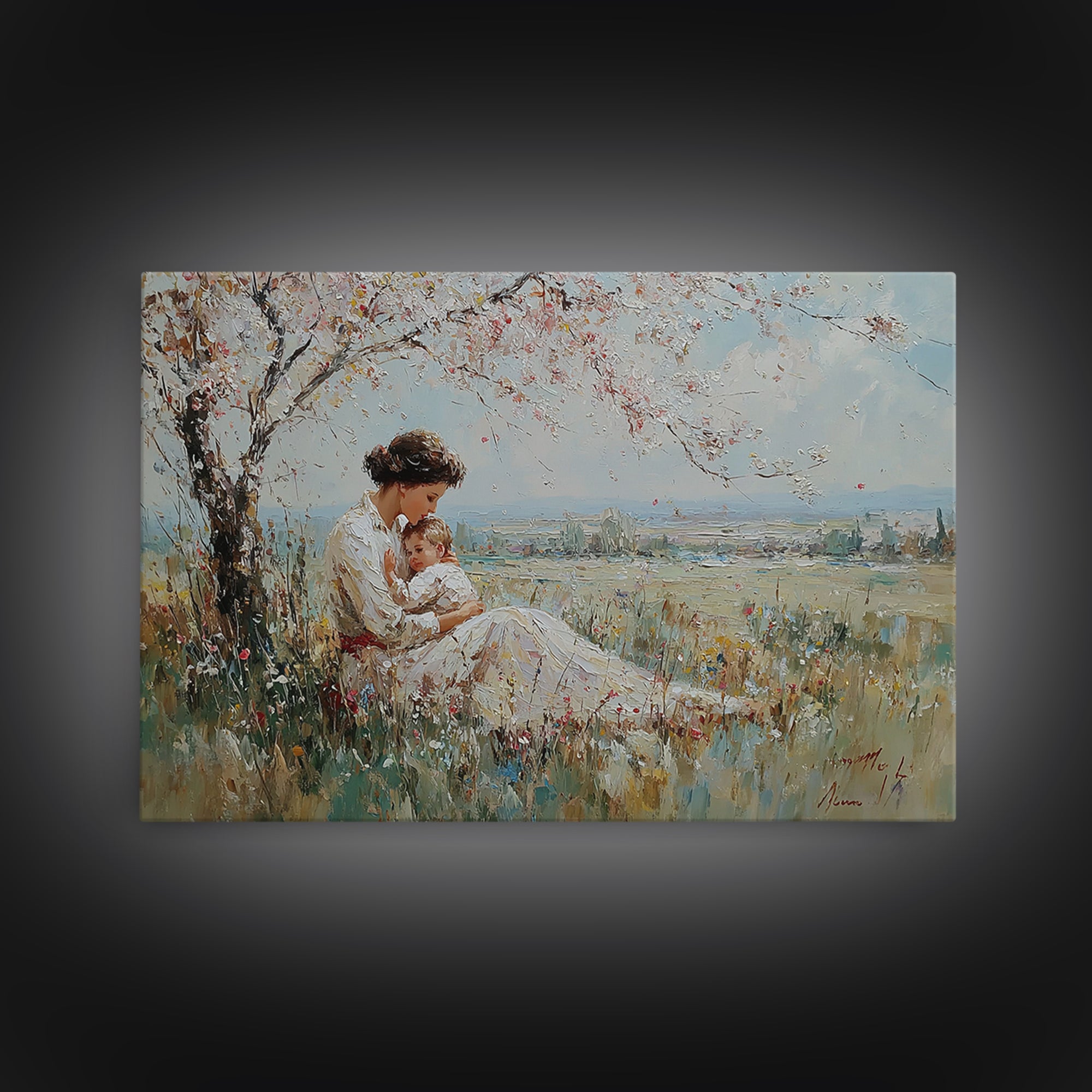 Mother Holding Baby Beneath White Blossom Tree Framed Canvas Print, Spring Wall Art, Christian Nursery Decor, Gift For Mom