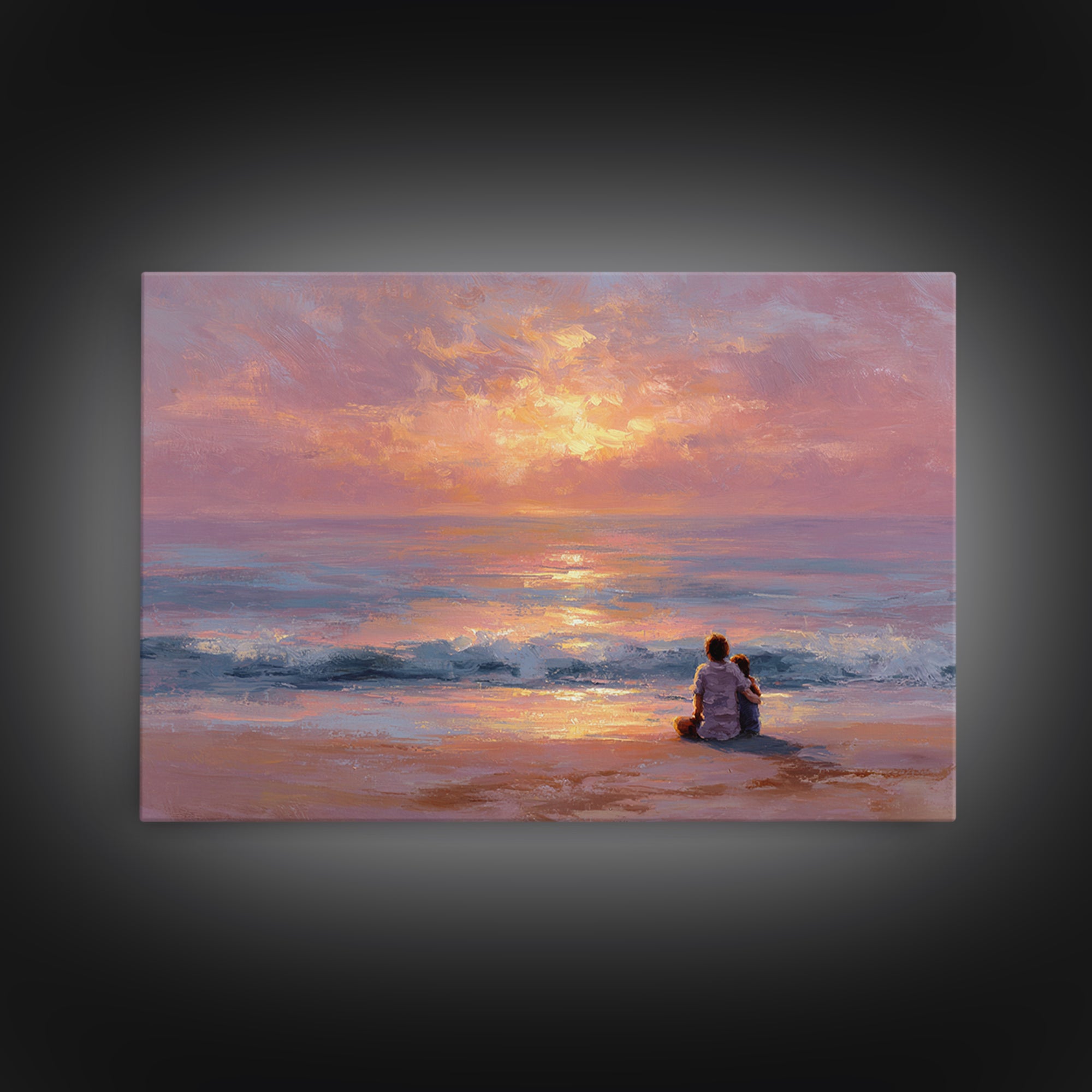Parent And Child Watching Ocean Sunset Wall Art, Coastal Beach Canvas Print, Seascape Living Room Decor, Housewarming Gift