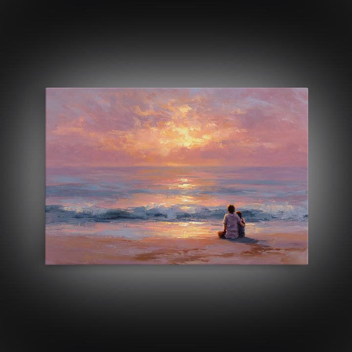 Parent And Child Watching Ocean Sunset Wall Art, Coastal Beach Canvas Print, Seascape Living Room Decor, Housewarming Gift