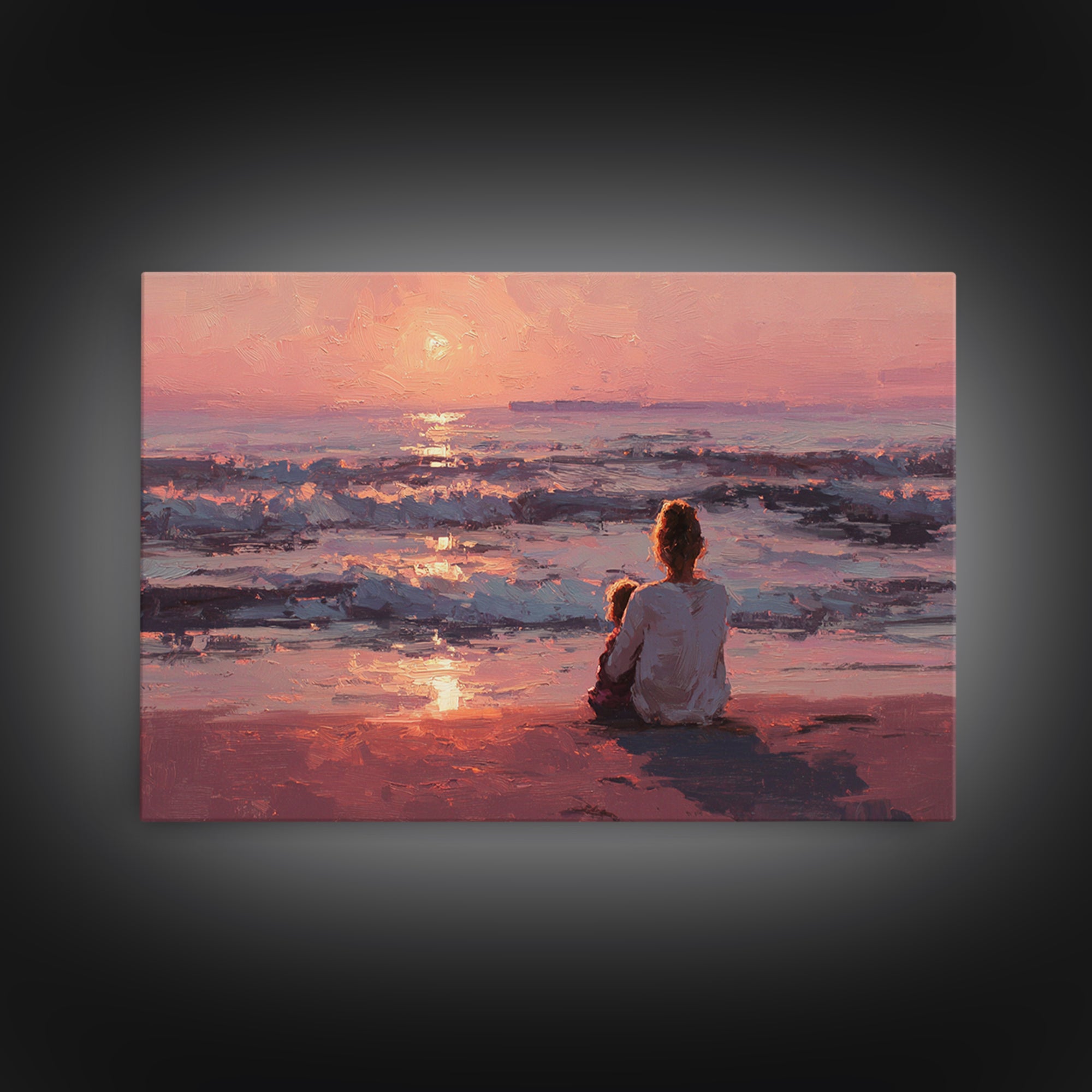 Mother And Child At Pink Ocean Sunset Wall Art, Coastal Beach House Decor, Serene Seascape Print, Gift For Mom, Living Room Decor