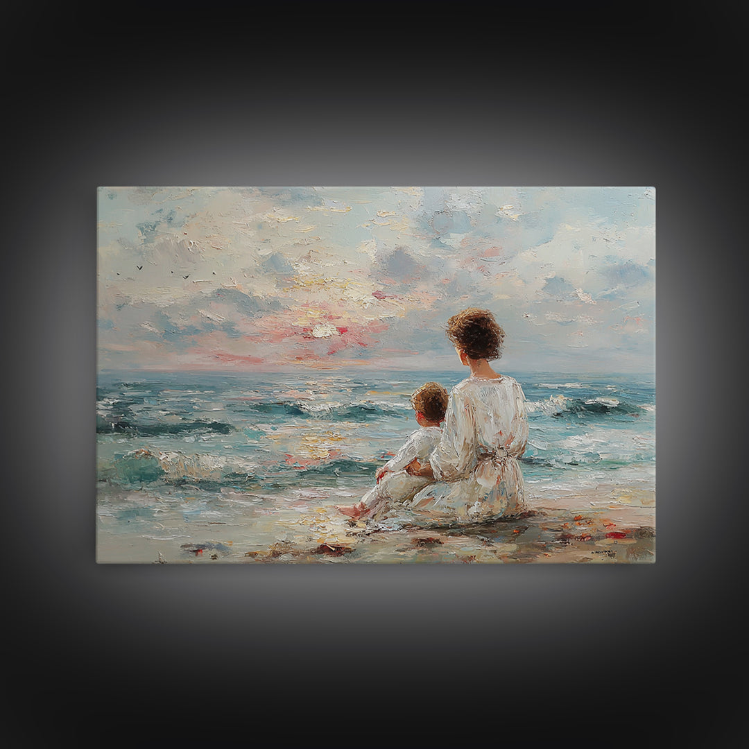 Mother And Child By Blue Sea Framed Canvas Print, Coastal Wall Art, Beach House Decor, Ocean Nursery, Gift For Mom, Living Room Art