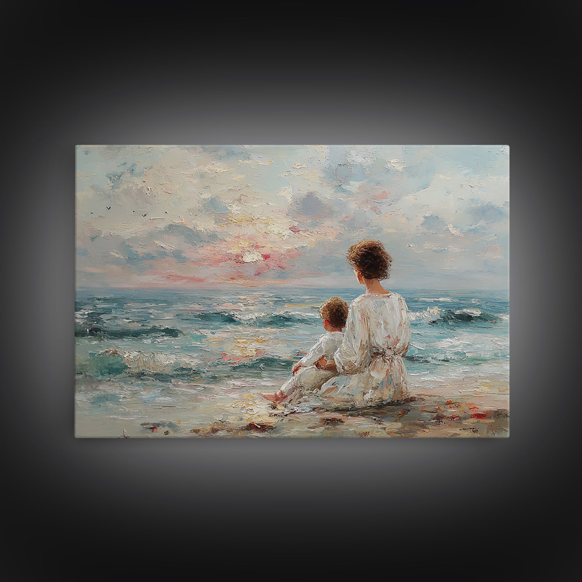 Mother And Child By Blue Sea Framed Canvas Print, Coastal Wall Art, Beach House Decor, Ocean Nursery, Gift For Mom, Living Room Art