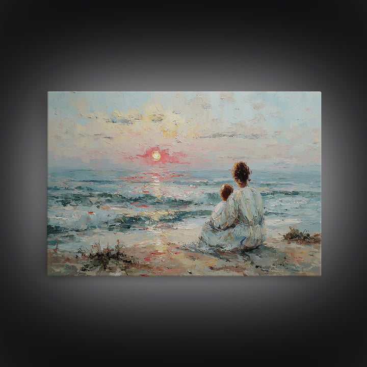Mother And Child Watching Soft Seaside Sunset Canvas Print, Coastal Wall Art, Ocean Decor, Gift For Mom, Living Room Art