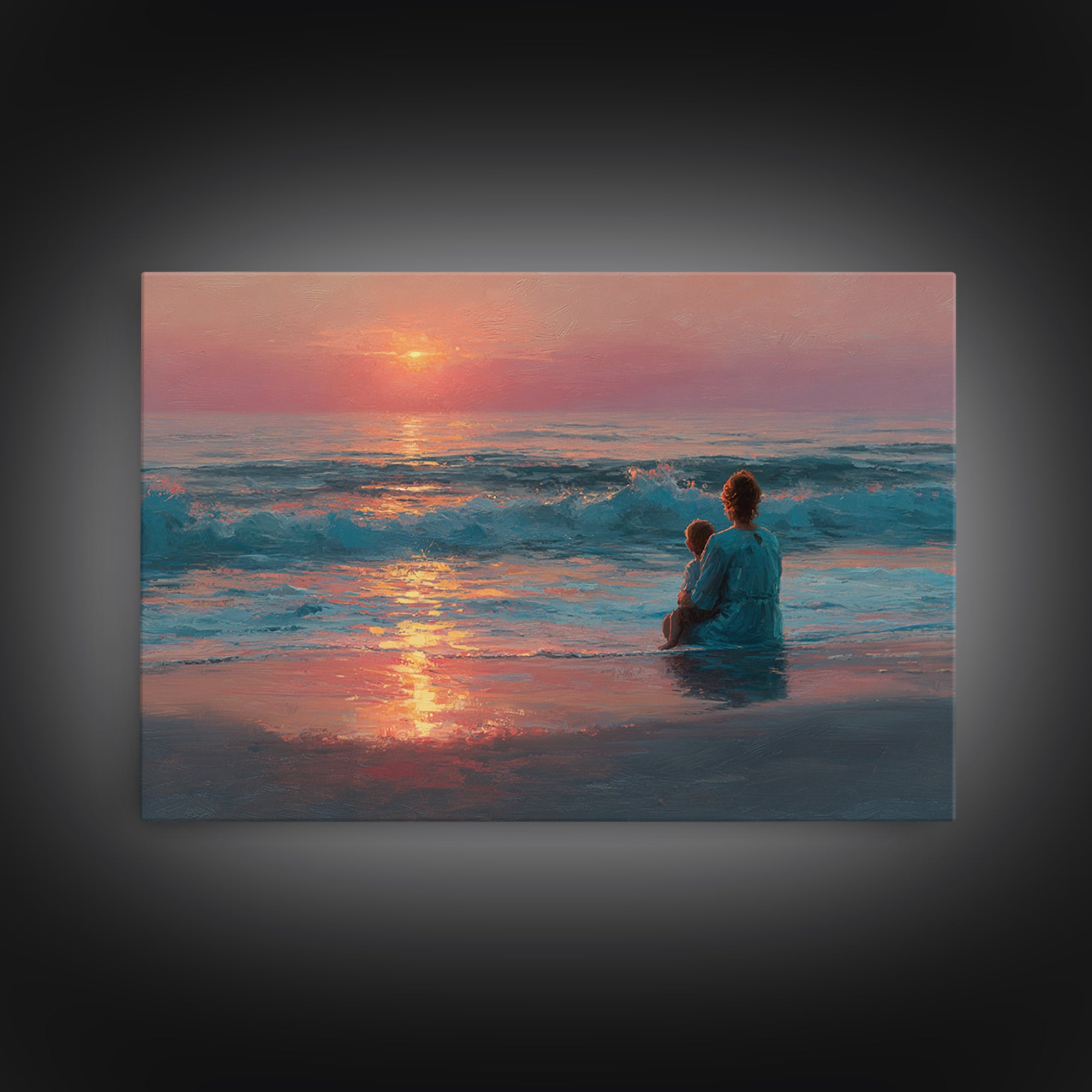 Mother And Child In Rose Gold Ocean Waves Wall Art, Coastal Canvas Print, Beach House Decor, Seascape, Gift For Mom, Living Room Decor
