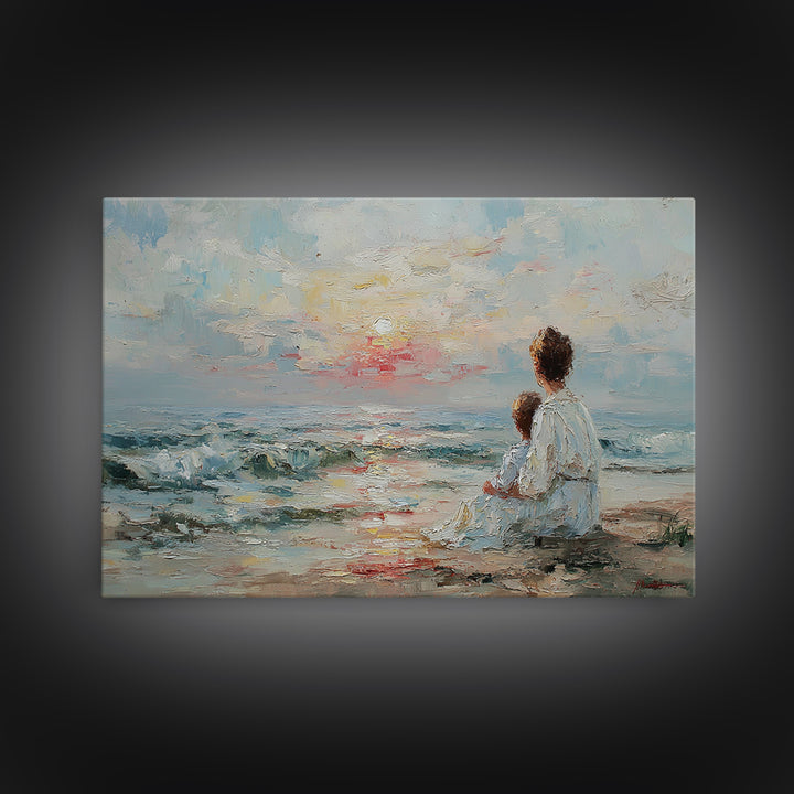 Impasto Mother And Child At Gentle Ocean Sunrise Framed Canvas Print, Coastal Wall Art, Beach Decor, Gift For Mom, Serene Home Decor