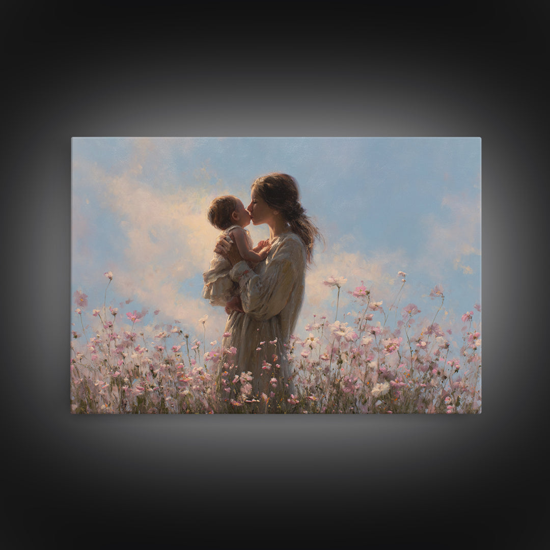 Mother Kissing Baby In Wildflower Meadow Wall Art, Feminine Floral Canvas Print, Nursery Decor, Gift For Mom, Baby Shower Gift