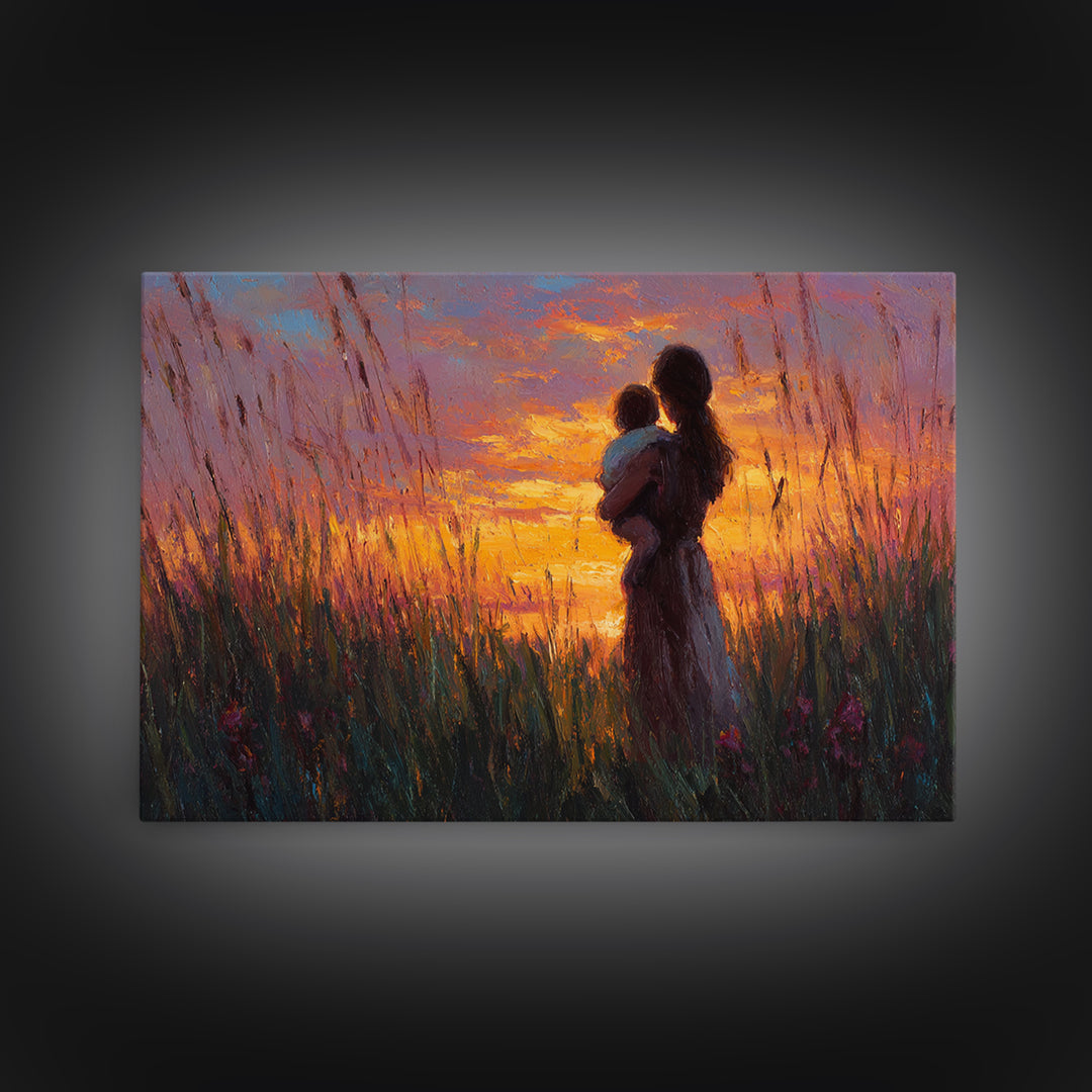 Mother And Baby Silhouette In Tall Grass Sunset Wall Art, Warm Meadow Canvas Print, Boho Nursery Decor, Gift For Mom, Bedroom Wall Art