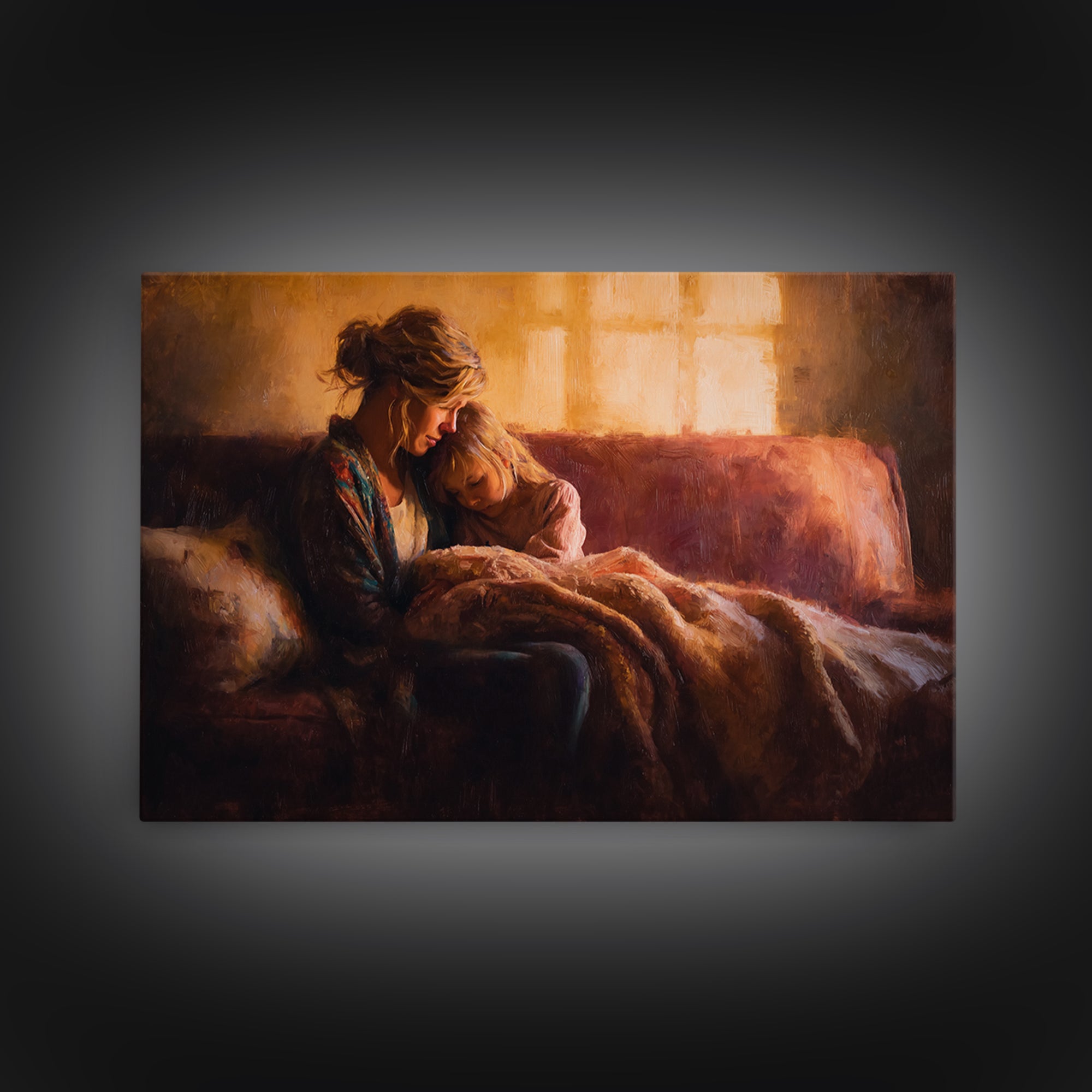 Mother And Child Cuddling On Warm Sofa Canvas Print, Cozy Bedroom Wall Art, Family Home Decor, Gift For Mom, Nursery Art