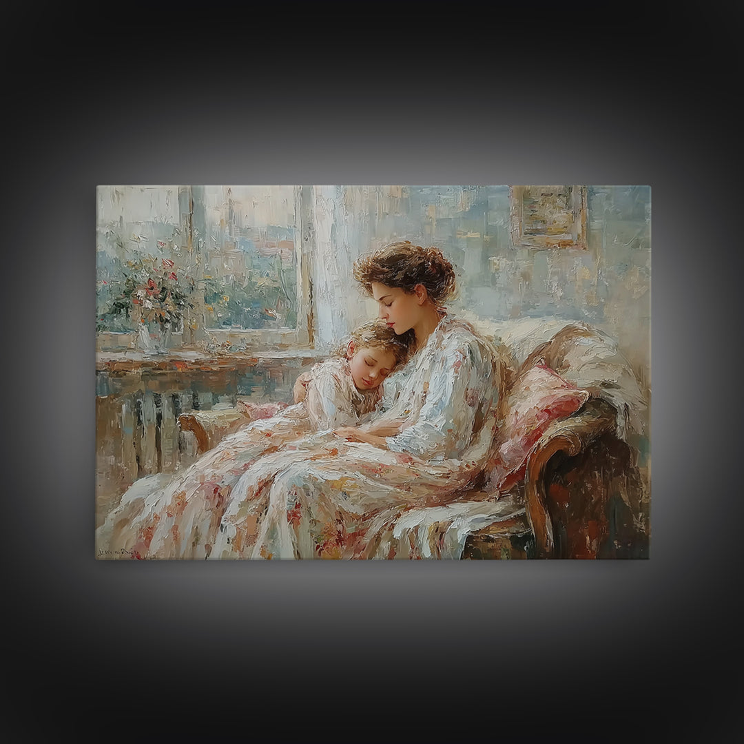 Mother And Child Resting By Window Wall Art, Impressionist Family Portrait, Cozy Bedroom Decor, Gift For Mom, Nursery Art