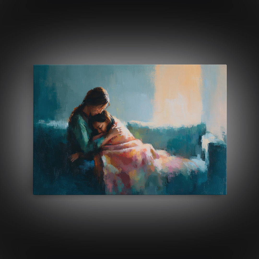 Mother Comforting Child In Blue Room Canvas Print, Modern Family Wall Decor, Emotional Portrait Art, Gift For Mom, Home Decor