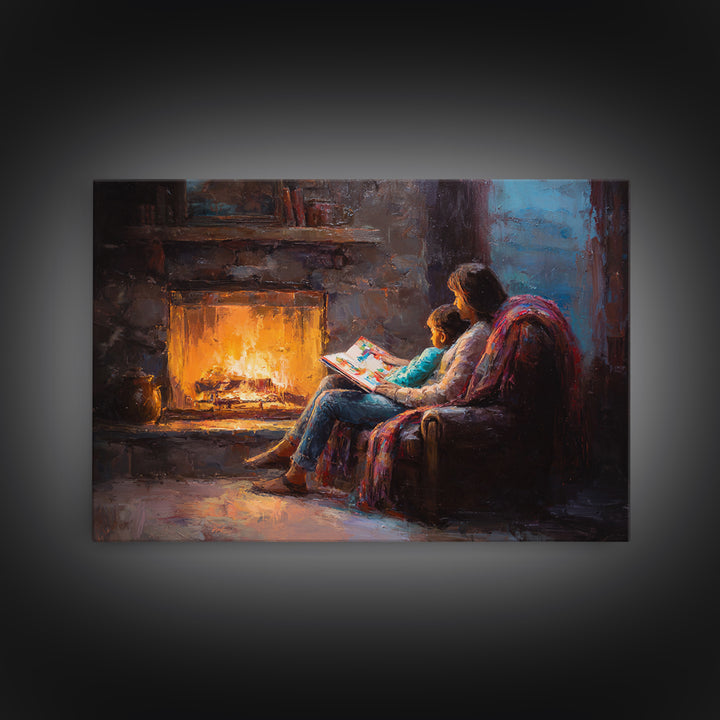 Mother And Child Reading By Glowing Fireplace Canvas Print, Cozy Family Wall Art, Dark Academia Decor, Gift For Mom, Living Room Decor