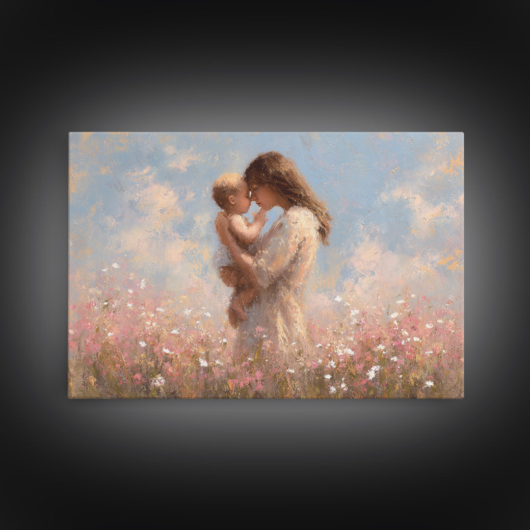 Mother Holding Baby In Wildflower Meadow Wall Art, Soft Impressionist Floral Print, Nursery Decor, Gift For Mom, Baby Gift