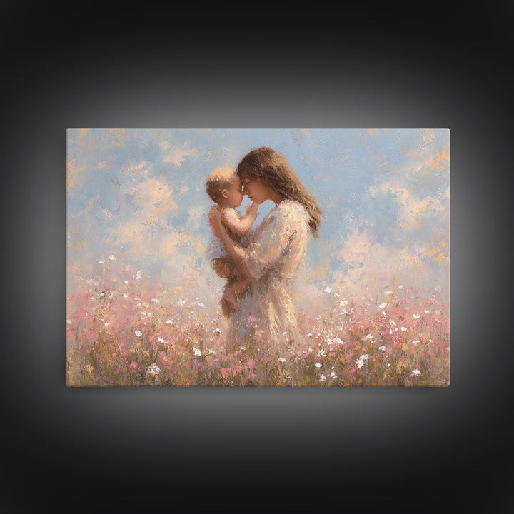 Mother Holding Baby In Wildflower Meadow Wall Art, Soft Impressionist Floral Print, Nursery Decor, Gift For Mom, Baby Gift