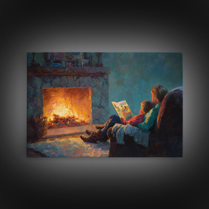 Mother And Child Storytime By Fireplace Framed Canvas Print, Cozy Living Room Wall Art, Family Reading Decor, Gift For Mom