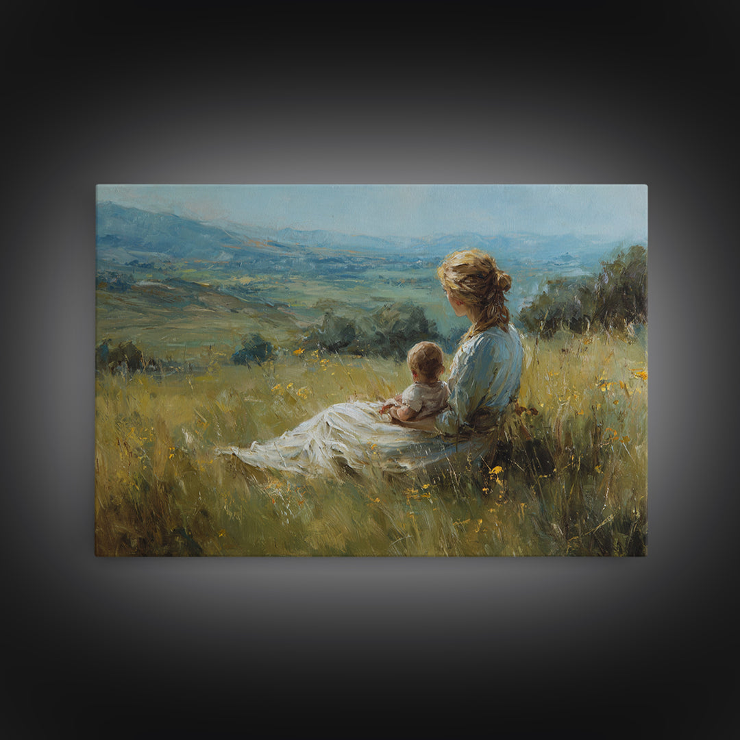 Mother And Baby In Wildflower Meadow Wall Art, Impressionist Landscape Painting, Feminine Nursery Decor, Gift For Mom, Living Room Decor