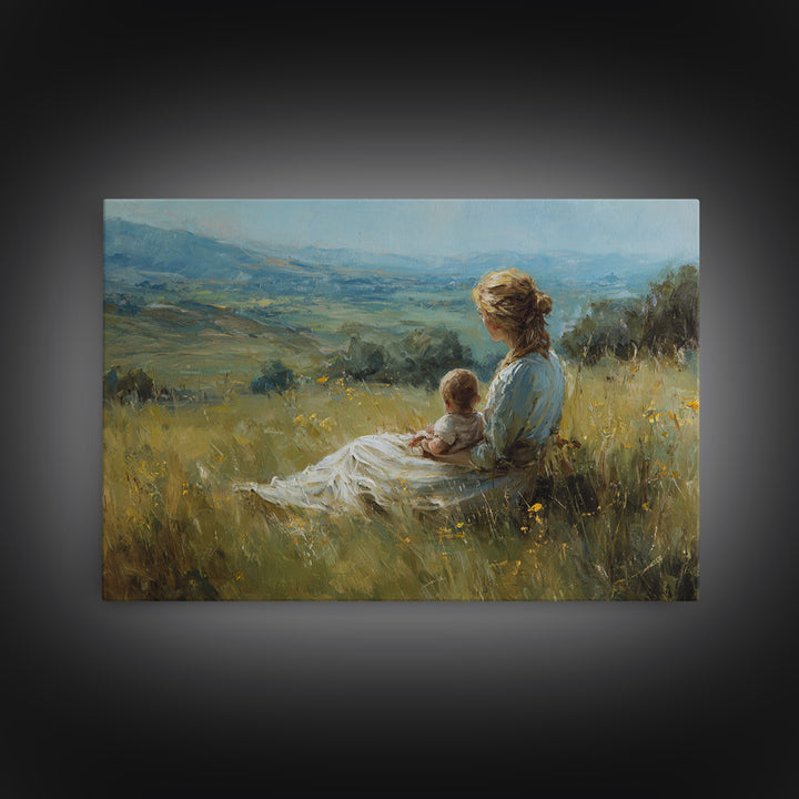 Mother And Baby In Wildflower Meadow Wall Art, Impressionist Landscape Painting, Feminine Nursery Decor, Gift For Mom, Living Room Decor