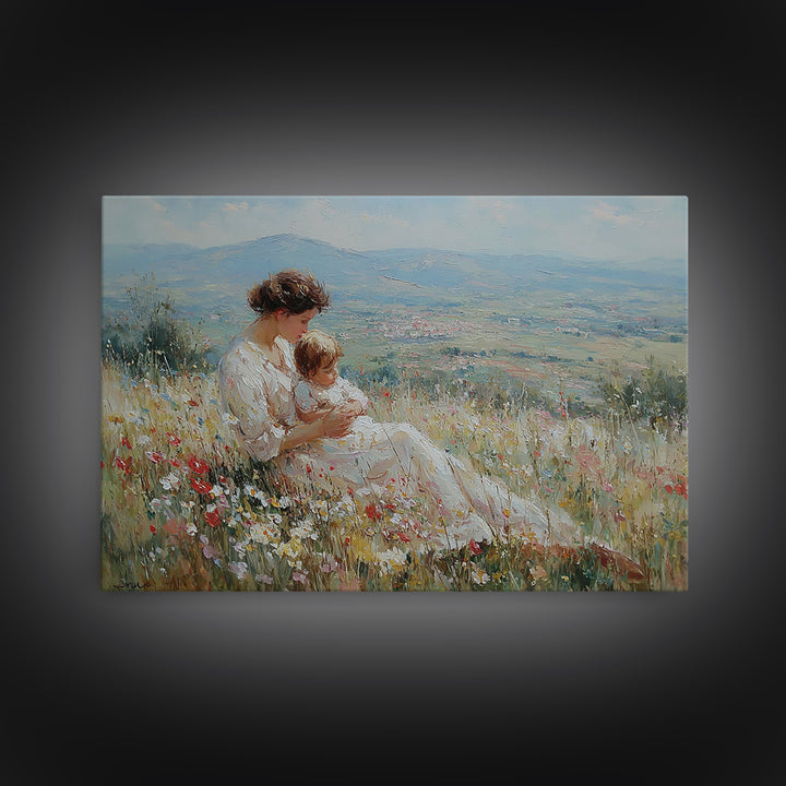 Seated Mother Nursing Baby In Flower Field Framed Canvas Print, Impressionist Landscape Art, Feminine Bedroom Decor, Gift For Her