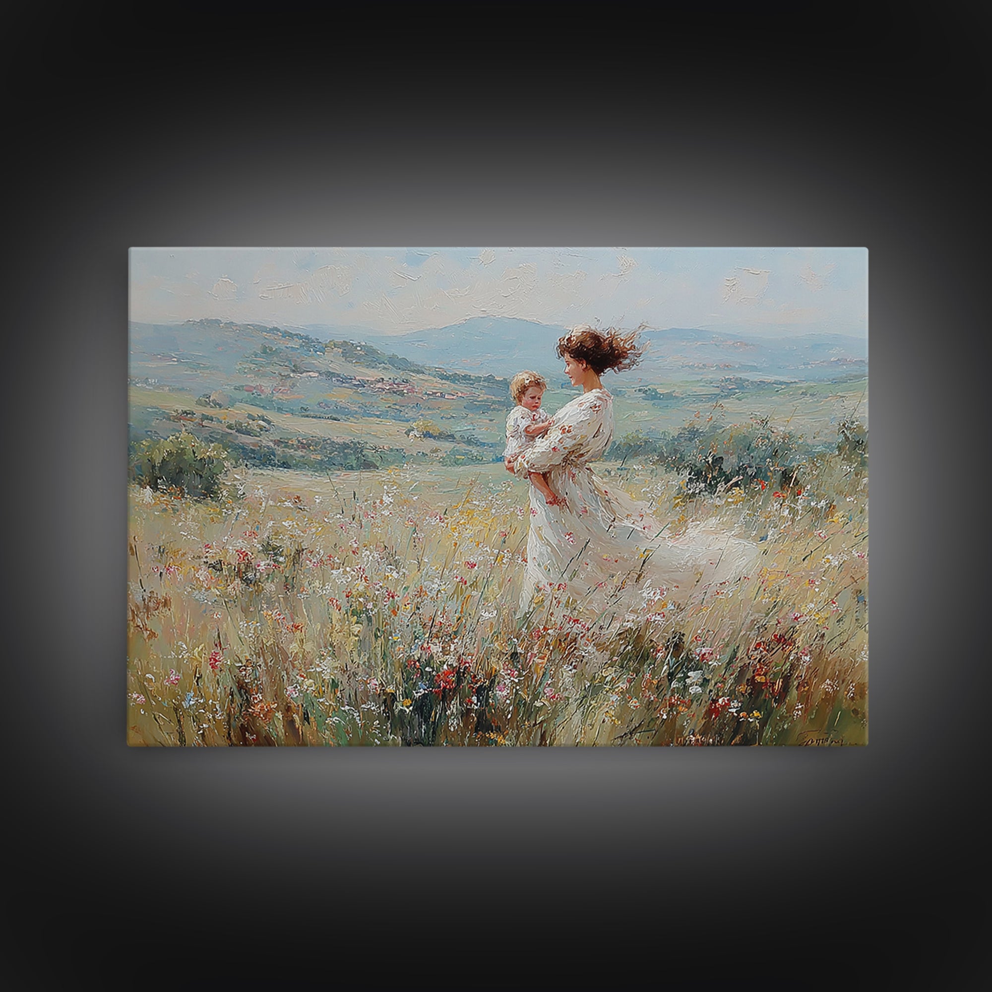 Standing Mother With Baby In Wildflower Valley Canvas Print, Impressionist Floral Landscape, Nursery Decor, Gift For Mom